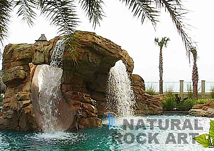 Rock work with waterfall using simulated rock.