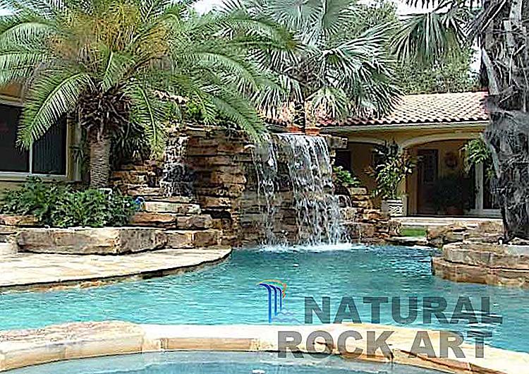 Stacked rock waterfall and amenities using natural-real rock.